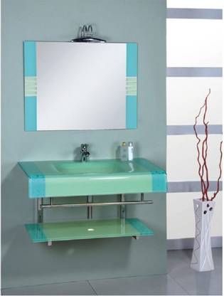 Vision glass OV_033 Glass Wash Basin (24"x21" Inch) Sky Blue With Mirror One Self & S.S. Stand Wall Hung Basin