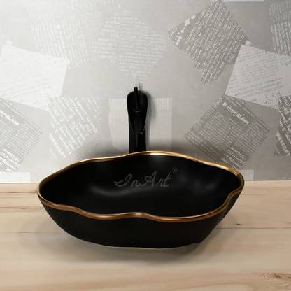 InArt Wash Basin Table Top Design Matt Black Gold Color 50 x 38 x 13 CM Counter Basin Table Top Basin