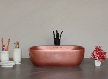 Cluster Designer Table Top Wash Basin For Bathroom | Ceramic Bathroom Sink | Over Counter Wash Basin for Hotel, Restaurant (18x13x6 Inch) (Glossy Copper) Table Top Basin