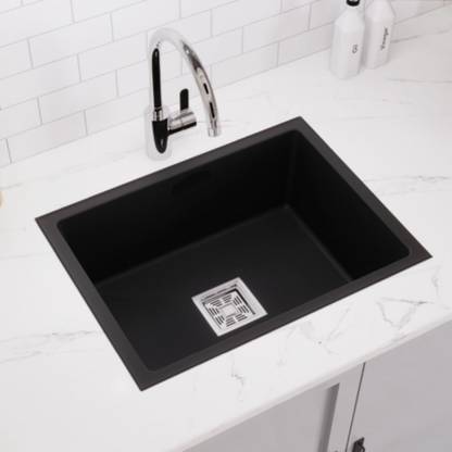SPANCIA 24"X18"X9" Marvel Black Quartz Sink | Single Bowl Kitchen Sink | Kitchen Sink With Sink Coupling, Waste Pipe, Vegetable Basket/Strainer Vessel Sink