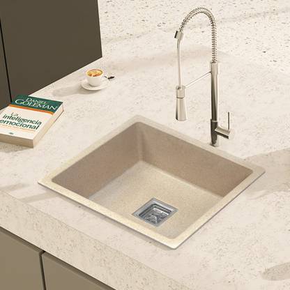 META Quartz Sink - Glossy Finish - 24 x 18 x 8.5 In, 10mm Thickness - Non-Fading 24X18 COOL IVORY Top Mount
