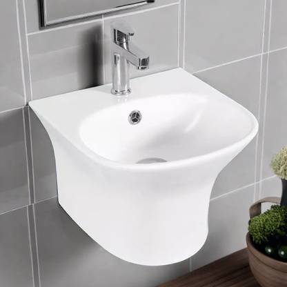 kemjo Ceramic White One Piece Wash Basin |14.96 x 14.56 x 9.84 Inch| WT-Roman | Wall Hung Basin
