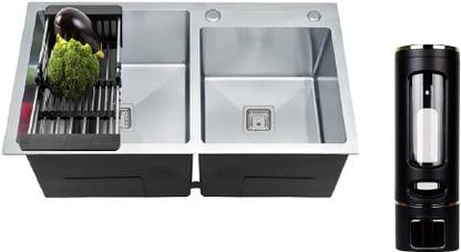 MESSINA Double Bowl Sound Proof Handmade Kitchen Sink (32"�18"�10") Matt Finish Vessel Sink