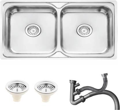 Fossa Stainless Steel Double Bowl Kitchen Sink 45"x 20" x 10" Inch with Sink Coupling FMS-15 Vessel Sink
