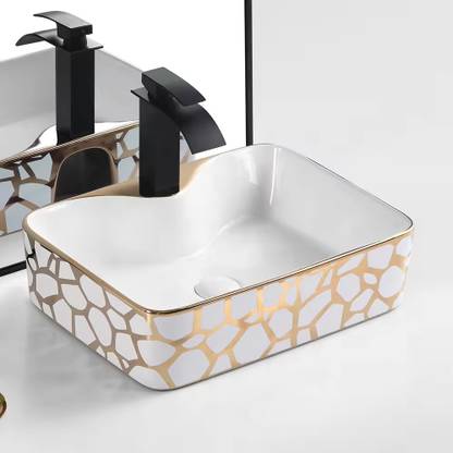 Tap & Tile White Golden Table Top wash Basin size 19*15*6 Glossy finish TTM-157 Table Top Basin
