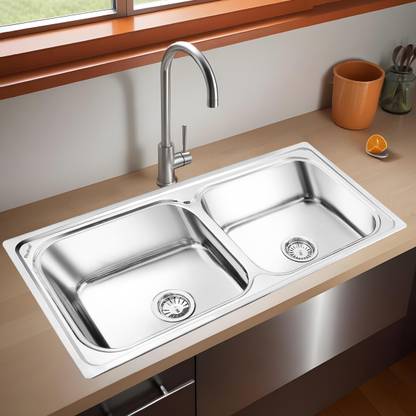 RUHE Square Double Bowl 37x18x8 Inches Kitchen Sink| Premium Stainless Steel Sink| 13-0301-02 Vessel Sink