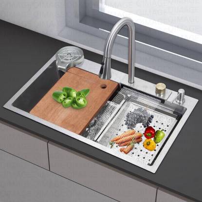 क्यू-इमेज Silver Kitchen Sink 30X18X9 Inch Waterfall Kitchen Sink with Integrated Pull Down Faucet Waterfall Sink Stainless steel Matt Finish_A153 वेसल सिंक