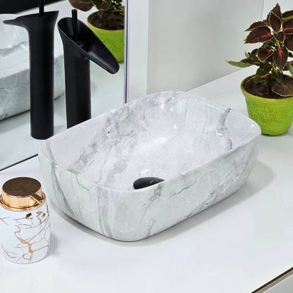 Reyal Premium Marble Wash Basin (10" x 14" x 5") Ceramic Basin for Bathroom Basin Counter Top
