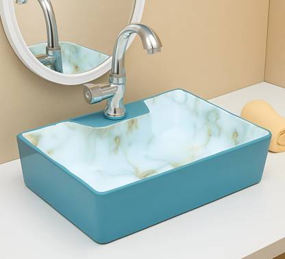 OSOSAM Designer Counter Top Bathroom Sink | Ceramic Table Top Vessel Sink Wash Basin For Bathroom (16 x 12 x 4.7 Inch) Counter Top