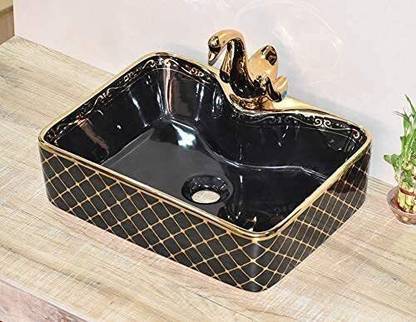 Tap & Tile Wash Basin Countertop, Tabletop MOST Bathroom Sink/Basin, White 480x370x135mm (Black) (only basin) Table Top Basin