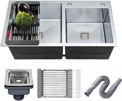 MESSINA 32 X 18 X 10 Tap hole Handmade Kitchen Sink Double Bowl Sound Proof SS 304 Grade 32 X 18 X 10 Tap hole Handmade Kitchen Sink Double Bowl Sound Proof SS 304 Grade Vessel Sink