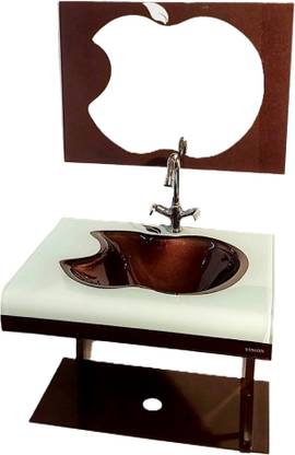 Oath Vision _044 Glass Wash Basin With Mirror Shelf & Steel Stand (24"x21" Inch). Apple Cut Wash Basin Wall Hung Basin