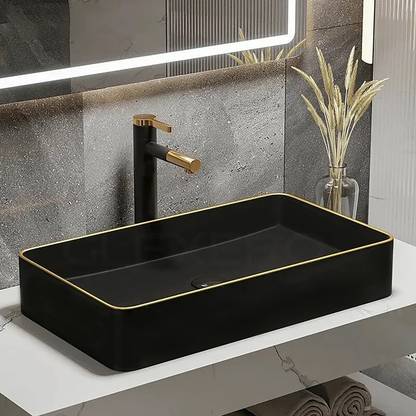Glexero Premium Quality Golden Edge Matt (Rough) Finish Wash Basin Square Wash Basin Table Top Basin