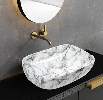 MOZATO (18*13*5) inch very stylish ceramic glossy finish top counter wash basin / (45*32.5*13.5) cm very attractive marble design ceramic table top wash basin / Table Top Basin