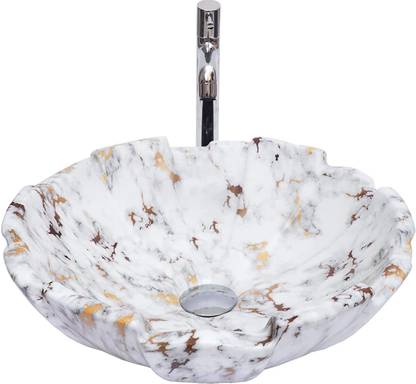 kemjo Ceramic Designer Table Top Wash Basin | 16.9 x 16.9 x 5.9 Inch | Flower_01 | Design - 7002 | Table Top Basin