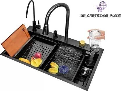 DR CARTRIDGE POINT Kitchen Sink 30"x18"x9" Inch with Integrated Waterfall and Pull-down Faucet Rectangular Shaped (75x46x21 cm) Vessel Sink