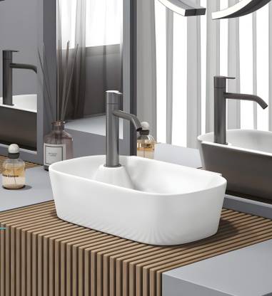 Eden Bathware Tokyo Counter Top (18x10x4 inch)/ (45.5x26x11 cm)/ Scratch Proof/ Anti Bacterial with Coupling & WastePipe Ceramic Table Top Basin