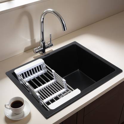 RUHE Matte Black Finish 24x18x9 inches Kitchen Sink | 12.5mm Thick Black Quartz Single Bowl Kitchen Sink (24” x 18” x 9”) Vessel Sink
