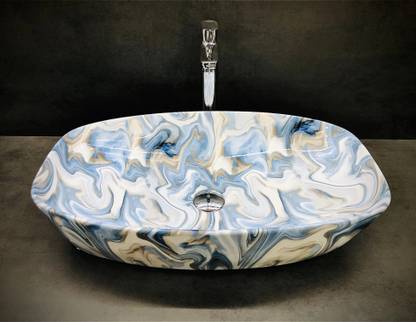 DELTA Big Size Table Top Premium Designer Rich Blue Design Ceramic Wash Basin(0080) (24*15*5)(M80) Table Top Basin