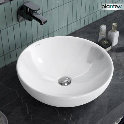 Plantex Platinium Ceramic Tabletop Round Wash Basin/Countertop Sink (15.5x15.5x5 Inch) Table Top Basin