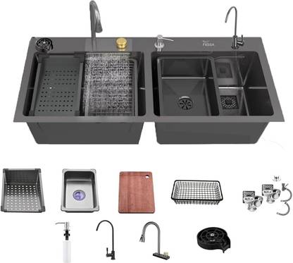 Fossa 47"x18"x09" Double Bowl with Integrated Waterfall Sink and Pull Down Faucet With Steel Tray Fruit Basket and Complete Accessories Set Vessel Sink