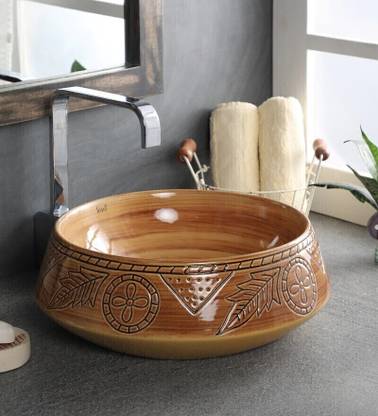 Joyo Cera Art Wash Basin Countertop, Tabletop Ceramic Bathroom Sink/Wash Basin Round Shape Designer Ceramic Wash Basin /(16x16 ) / Multicolor/Vessel Sink/Over or Above Counter Top Wash Basin for Bathroom Round Shape/Finish for Bathroom & Living Room Table Top Basin