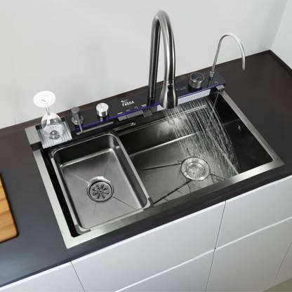 Fossa 30"x18"x09" Piano Waterfall Kitchen Sink ,Integrated Waterfall Pull Out Faucet Stainless Steel Sink With LED Pannel And Digital Display Piano Vessel Sink