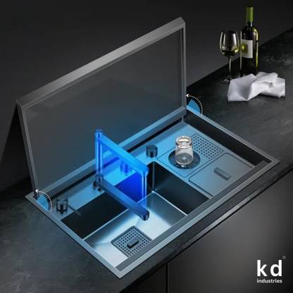 KD INDUSTRIES 36X20 HIDDEN/INVISIBLE KITCHEN SINK WITH SOFT CLOSE COVER LID AND LIFTING FAUCET Vessel Sink