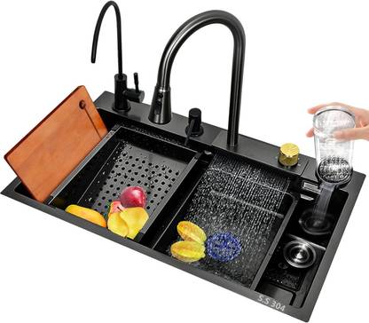 Q-IMAGE Kitchen Sink 30"x18"x9" Inch with Integrated Waterfall and Pull-down Faucet Rectangular Shaped (75x46x21 cm) Vessel Sink