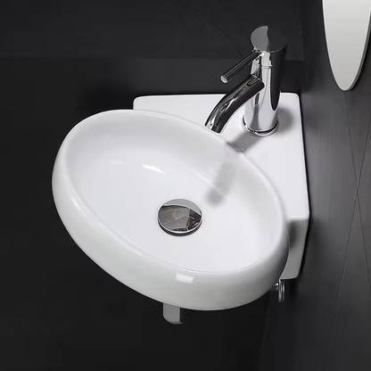 MoonWhite corner basin for bathroom White ceramic wall mounted (14"X14"X5" Inch) MW25 Corner Basin