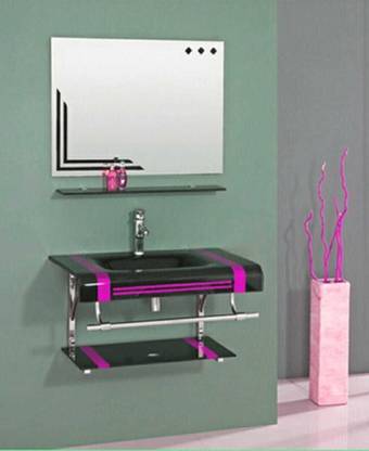 Vision glass OV_006 (24"x21" Inch) Glass Wash Basin With Mirror, Self & Steel Stan Wall Hung Basin