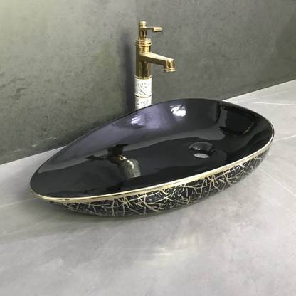 META Antique Bathroom Sink/Basin (22 x 13 x 5 inch) Black & Gold BI-295 Table Top Basin