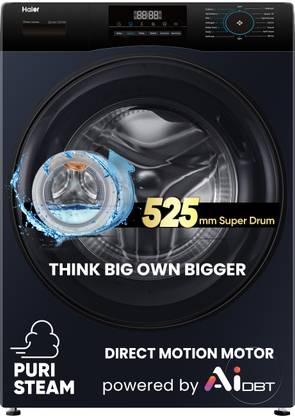 Haier 9 kg AI with Direct Drive Technology,Puristeam and Refresh Function, Anti Bacterial Technology, Super Drum 525mm with Custom Wash Programs Fully Automatic Front Load Washing Machine Black, Blue