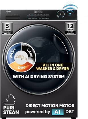 Haier 10.5 kg AI, Wi-Fi, Direct Drive Technology, Condensor and Sensor Dry with Dual Cycle Technology, Puristeam and Refresh Function, Anti Bacterial Technology, Super Drum 525mm with Custom Wash Programs Fully Automatic Front Load Washing Machine with In-built Heater Grey