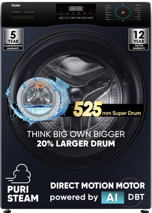 Haier 8 kg AI with Inverter Motor,Puristeam and Refresh Function, Anti Bacterial Technology, Super Drum 525mm with Custom Wash Programs Fully Automatic Front Load Washing Machine Black