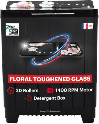 Thomson 8.5 kg 5 Star Aqua Magic Grande Series with Floral Toughened Glass and Double Waterfall Semi Automatic Top Load Washing Machine Black, Grey