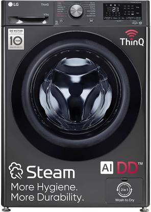 LG 9/5 kg Washer with Dryer Fully-Automatic Front Load with AI Direct Drive Technology, Wi-Fi Enabled , Steam reduce germs & allergens, TurboWash Ready to Wear Clothes & In-built Heater with In-built Heater Black