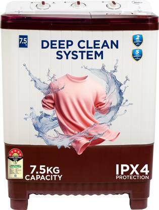 Midea 7.5 kg Semi Automatic Top Load Washing Machine Maroon, White