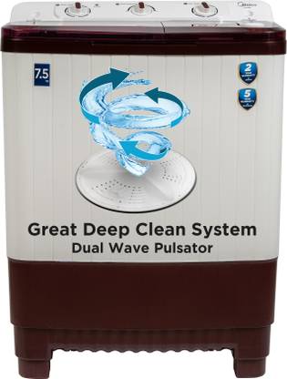 Midea 7.5 kg Semi Automatic Top Load Washing Machine Maroon, White