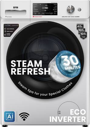 IFB 9 kg 5 Star with Steam Refresh program, 9 Swirl Wash, Eco Inverter, with AI Fully Automatic Front Load Washing Machine with In-built Heater Black, Silver