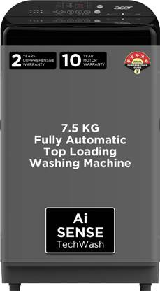 [For SBI Credit Card] Acer 7.5 kg Halo Wash Series with AiSense, 5 Star Rating, AutoBalance, HelixFlow Pulsator, Pro-Foam Tub Fully Automatic Top Load Washing Machine Black, Grey  (AR75FATLP1GT)