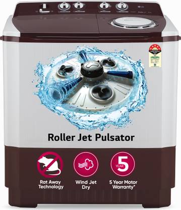 LG 10 kg 5 Star with Roller Jet Pulsator with Soak, Wind Jet Dry and Rat Away, 6.5 Kg (Spin Tub Capacity) Semi Automatic Top Load Washing Machine Maroon, White