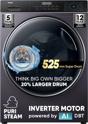 Haier 8 kg AI with Inverter Motor, Puristeam and Refresh Function, Anti Bacterial Technology, Super Drum 525mm with Custom Wash Programs Fully Automatic Front Load Washing Machine Grey