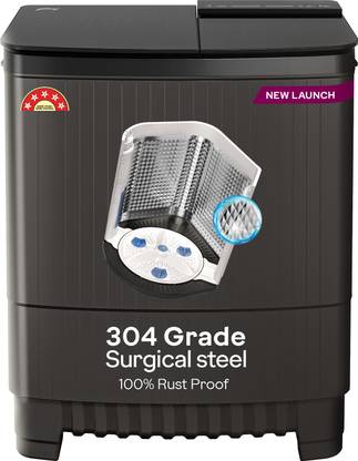 Godrej 8 kg 5 Star, With Soft Shut Wash Lid, Tri Roto Scrub Pulsator With Stainless Steel Wash and Spin Drum Semi Automatic Top Load Washing Machine Grey