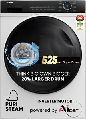 Haier 8 kg AI with Inverter Motor, IPuristeam and Refresh Function, Anti Bacterial Technology, Super Drum 525mm with Custom Wash Programs Fully Automatic Front Load Washing Machine Black, White