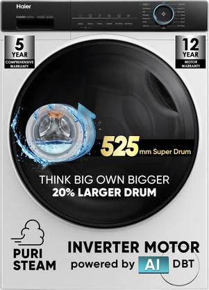 Haier 8 kg AI with Inverter Motor, IPuristeam and Refresh Function, Anti Bacterial Technology, Super Drum 525mm with Custom Wash Programs Fully Automatic Front Load Washing Machine Black, White