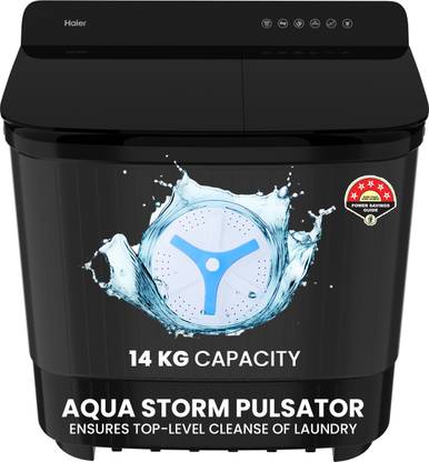 Haier 14 kg Toughened Glass with Anti Bacterial Vortex Pulsator, 1300 RPM, Spray Function, Wash Programs, Magic Filter, Rat Mesh Semi Automatic Top Load Washing Machine Black