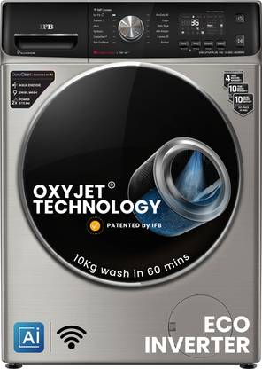 IFB 10 kg 5 Star with Steam Refresh program, 9 Swirl Wash, Eco Inverter, with AI Fully Automatic Front Load Washing Machine with In-built Heater Black, Silver