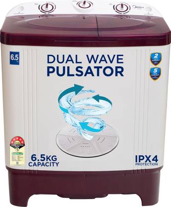 Midea 6.5 kg 5 Star Rust Proof Body ,Rat Away Feature Semi Automatic Top Load Washing Machine Maroon, White
