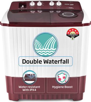 Voltas Beko by A Tata Product 12 kg A Tata Product Anti-allergen Hygiene Boost Washing Machine with Fast Dry and Water Proof IPX4 Panel Semi Automatic Top Load Maroon, White